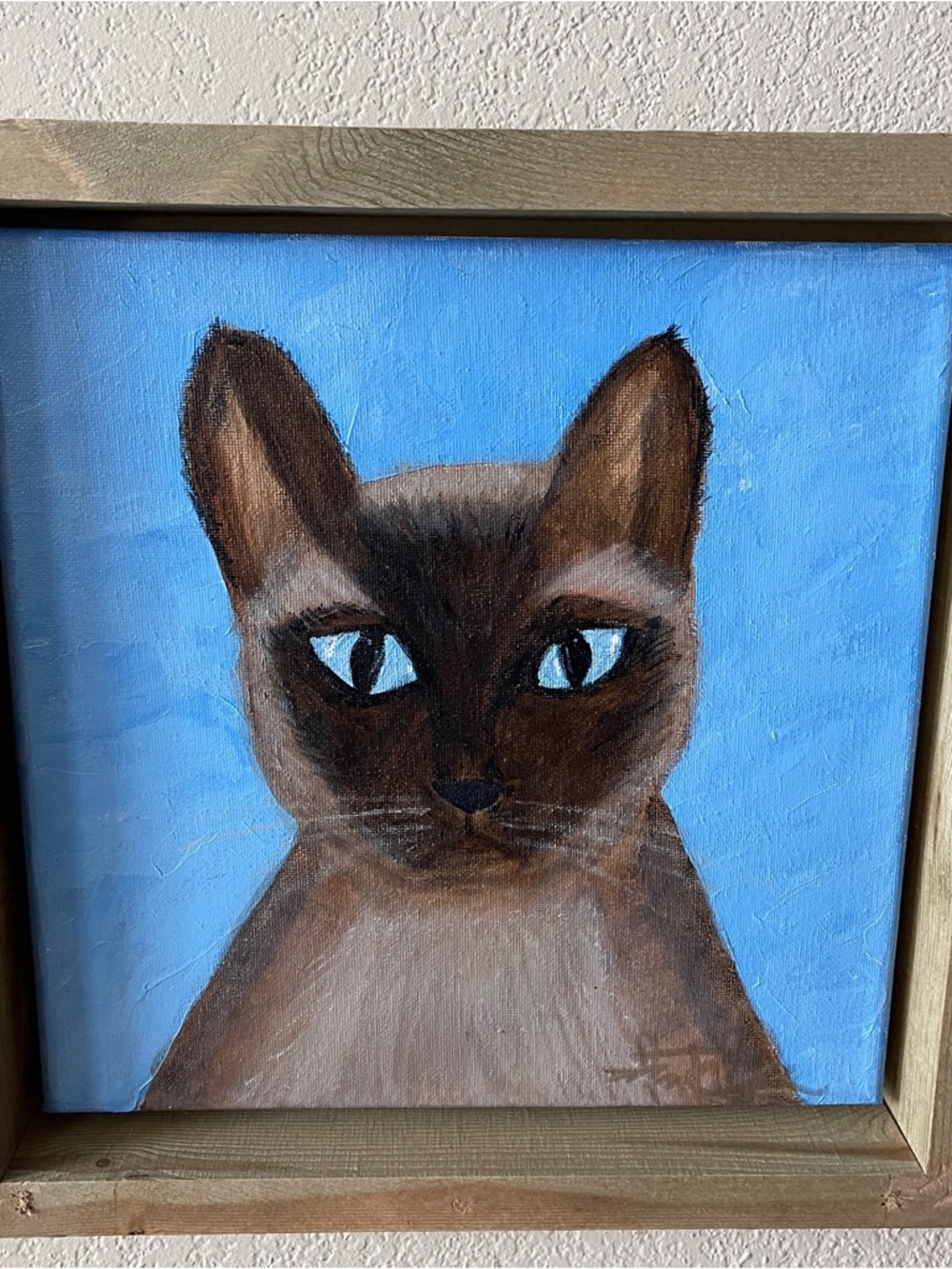 Original Painting Siamese  Cat Canvas Art w/ Blue Background Natural Wood Frame